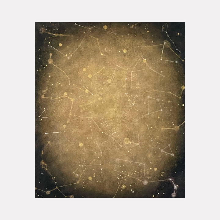 The artwork "Border #3" by Sonomi Kobayashi features a textured celestial map with delicate constellations drawn in white lines and dots across a gradient background of dark blues and warm golden hues, evoking a vintage star chart with a mystical, aged appearance. Sonomi Kobayashi