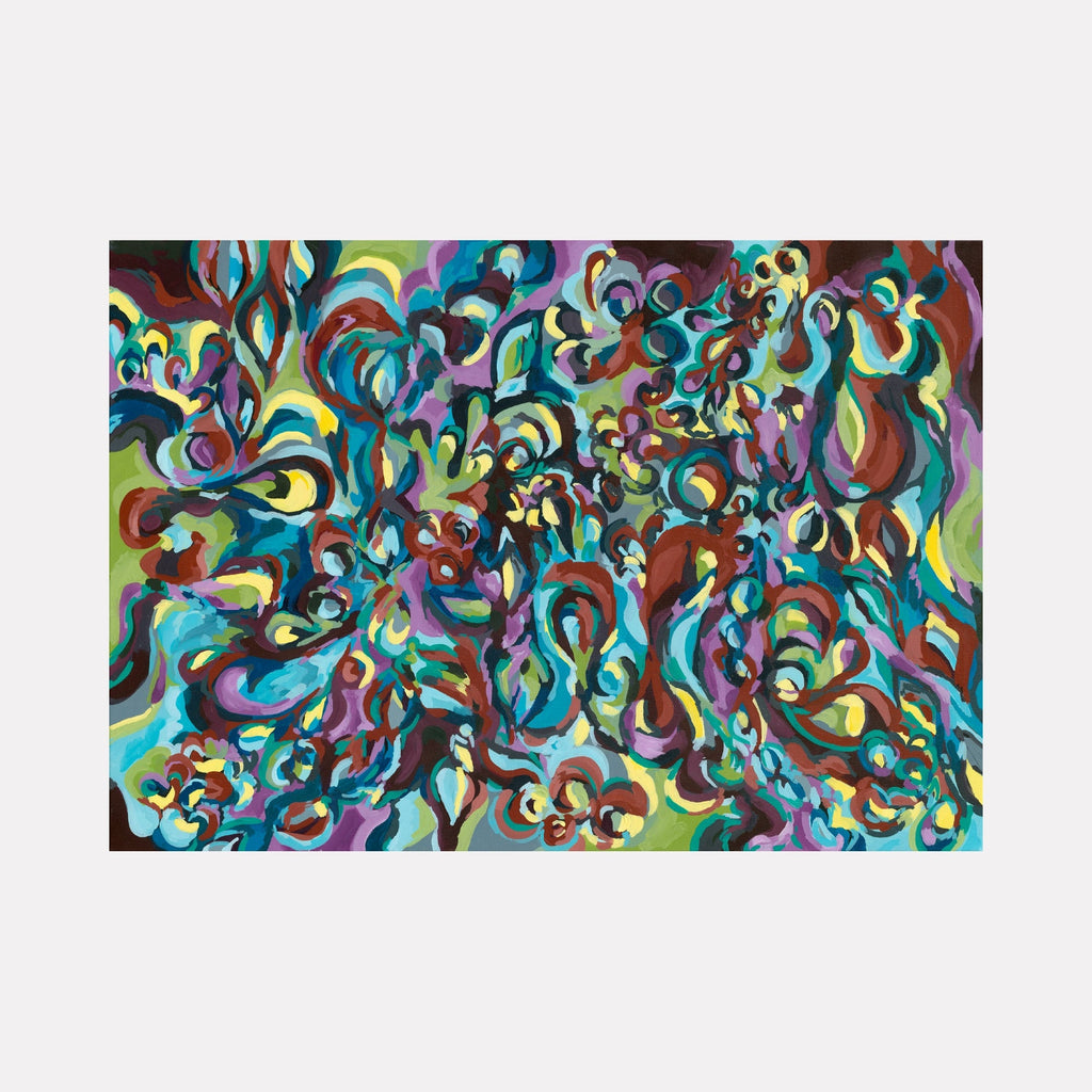 The artwork "Botanic Rhythm" by Kaitlin Andrews features an intricate abstract pattern with swirling organic shapes and vibrant colors including blues, greens, purples, and browns. The composition evokes a dynamic natural rhythm with flowing textures and layered brushstrokes creating depth and movement.