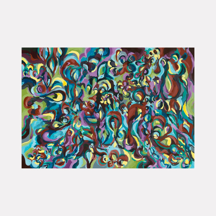 The artwork "Botanic Rhythm" by Kaitlin Andrews features an intricate abstract pattern with swirling organic shapes and vibrant colors including blues, greens, purples, and browns. The composition evokes a dynamic natural rhythm with flowing textures and layered brushstrokes creating depth and movement.