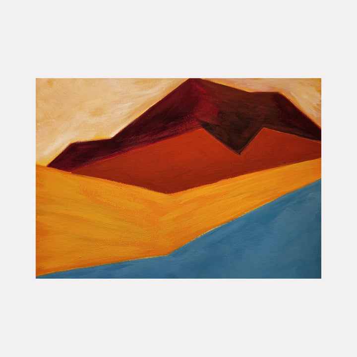 The artwork 'Bounce' depicts an abstract mountain landscape with bold geometric shapes in rich earth tones. A deep burgundy mountain peak contrasts against a golden sky, while vibrant orange and teal fields create a striking color composition. Painted in acrylic gouache on cotton paper by Joanie Flickinger.