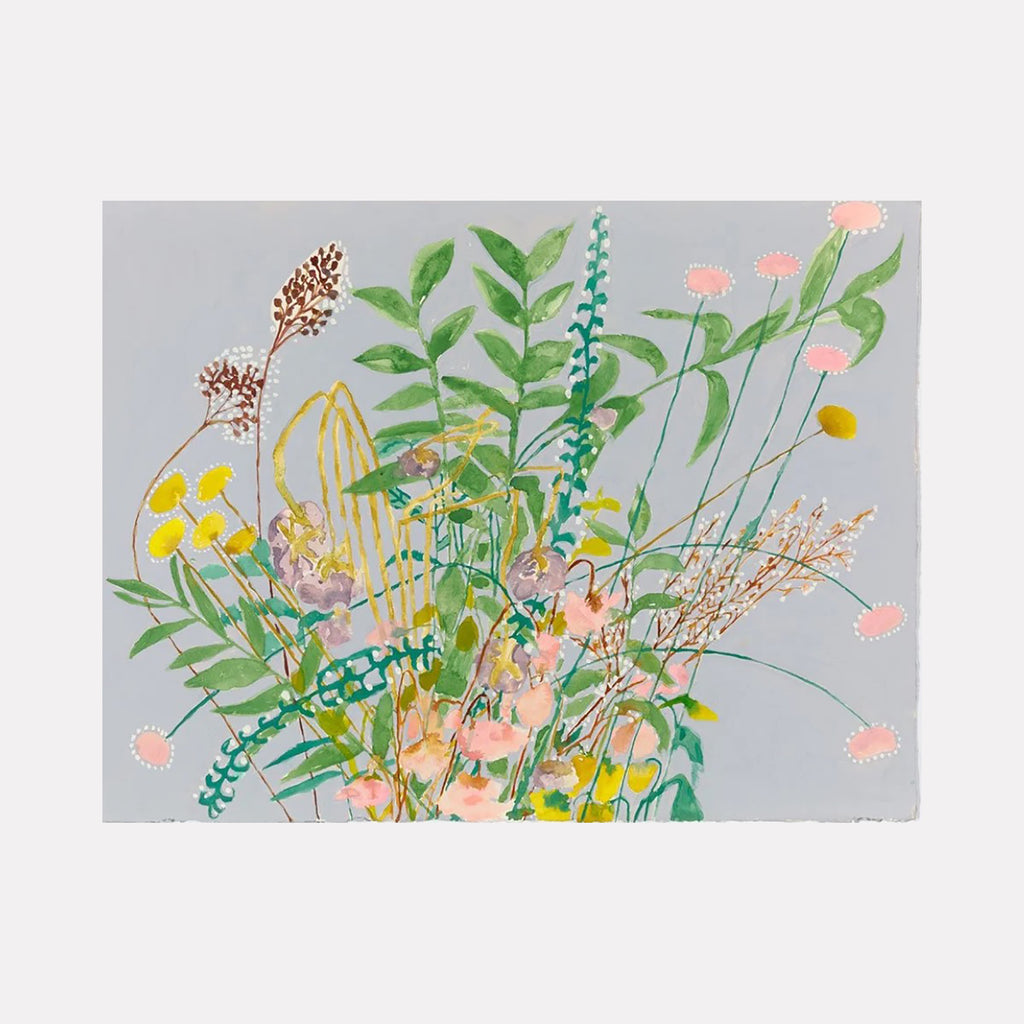 The artwork "Bouquet Gray" by Lisa Warren features a delicate arrangement of wildflowers and foliage set against a soft gray background. The composition includes loosely rendered leaves and stems in green, yellow, pink, and brown hues with a light, airy texture reminiscent of botanical illustrations and the whimsical style of contemporary artists like Ellie Snowdon or modern adaptations of Henri Matisse’s cut-out florals.