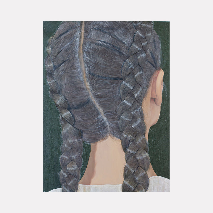 The artwork 'Braids' by Anastasia Korsakova features a detailed back view of intricately woven dark grey braids against a deep green background. The oil painting showcases meticulous attention to hair texture and light reflection, with two symmetrical plaits and a defined center part. The subject wears a white garment, creating striking contrast with the detailed hair study.