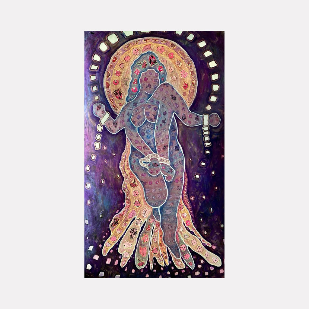 The artwork "Break Free" depicts a stylized human figure in a dynamic pose with chains breaking away, symbolizing liberation. The figure is filled with intricate floral patterns in soft pinks and blues, set against a deep purple background with radiant golden and beige circular halo-like shapes. The textured layering and bold outlines emphasize movement and freedom. Laurie Shapiro.
