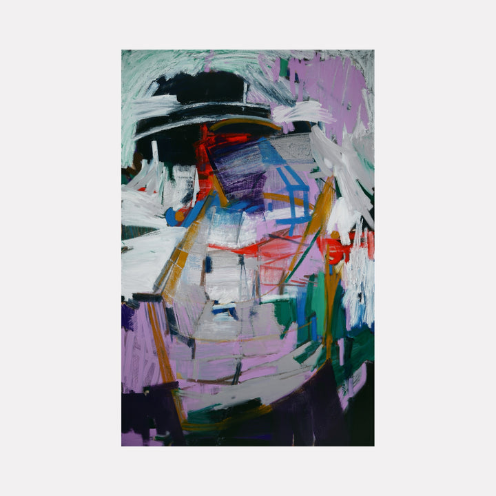 Nostalgia, Nutcrackers, and Neverland: The Time Collapsed Inside of Me by Lia Rodi showcases an abstract interplay of layered brushstrokes in bold reds, purples, white, and dark greens. The dynamic composition blends geometric and organic shapes, evoking a sense of fragmented time and emotional depth with a contemplative, modern aesthetic.