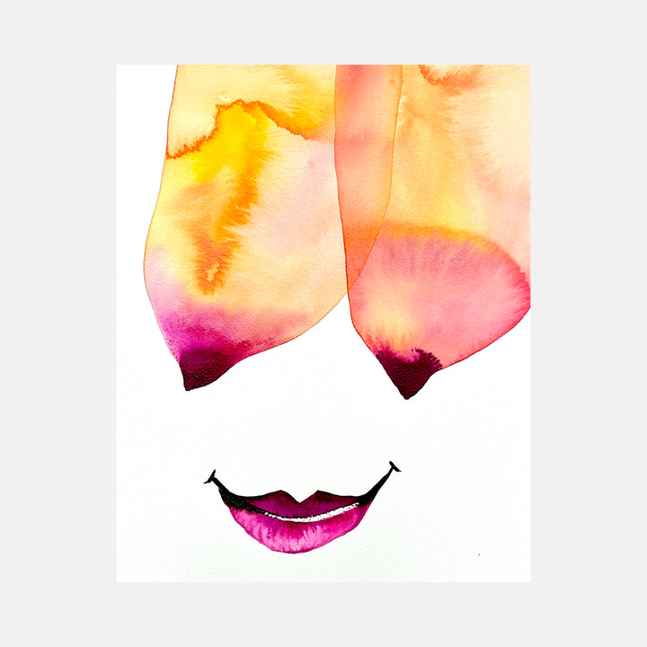 The artwork 'Bright Eyes' by Monica Carrier features abstract watercolor forms in vibrant yellow and pink hues, creating two floating shapes above a minimalist illustration of a smiling pink lip. The watercolor technique creates soft, ethereal blending effects on archival paper, measuring 14x10 inches.