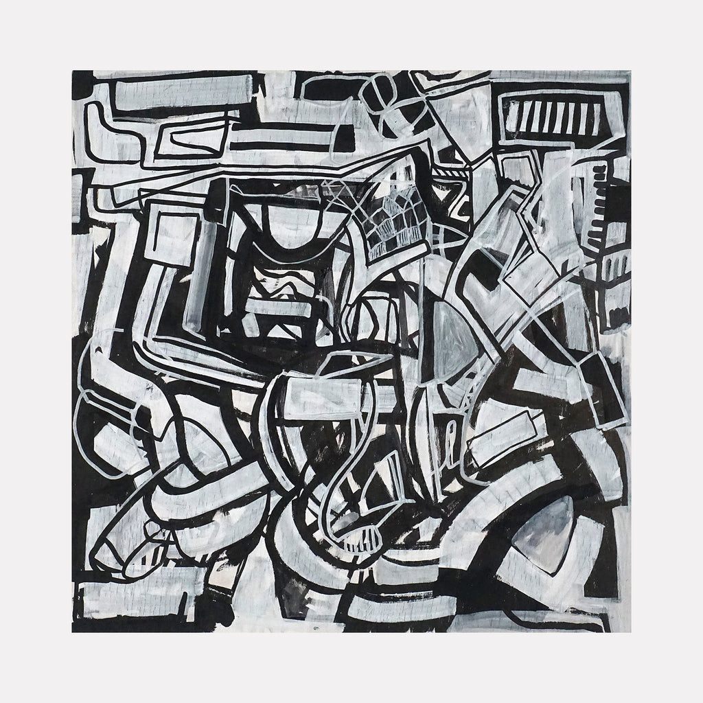 Adolescent by Mark Brosseau features an intricate abstract design with interwoven black and white shapes and bold linear patterns. The composition highlights a dynamic interplay of curved and angular forms, creating a layered and textured visual rhythm that evokes modern complexity and thoughtful movement.