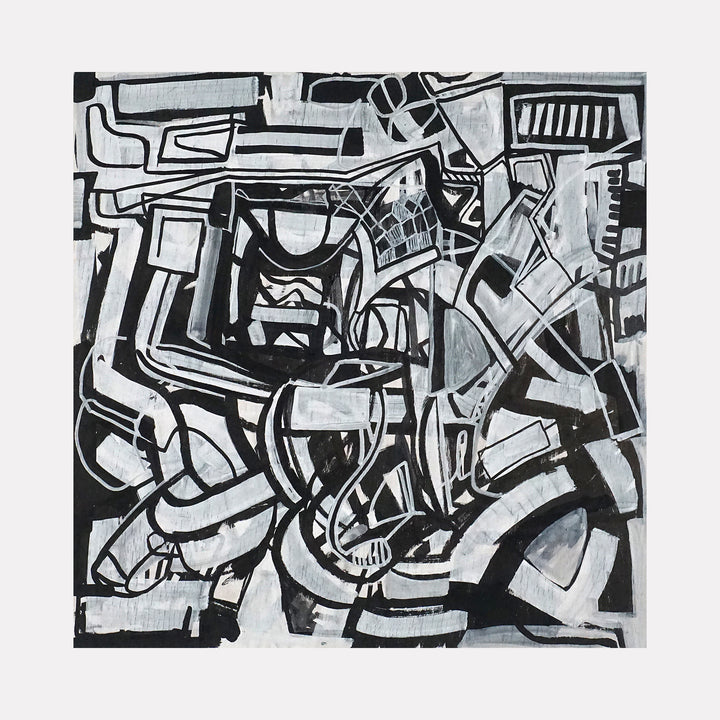 Adolescent by Mark Brosseau features an intricate abstract design with interwoven black and white shapes and bold linear patterns. The composition highlights a dynamic interplay of curved and angular forms, creating a layered and textured visual rhythm that evokes modern complexity and thoughtful movement.