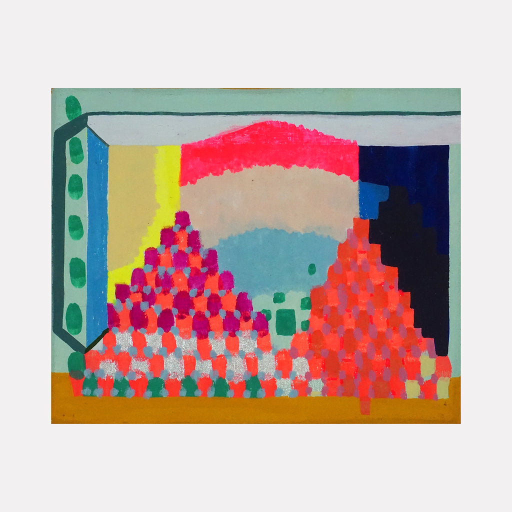 Arcade by Mark Brosseau features layered, pixelated patterns in vibrant reds, pinks, blues, and greens arranged into pyramid-like shapes. The composition combines blocky color fields and abstract forms with a vivid, textured interplay that evokes a playful yet structured modern aesthetic.
