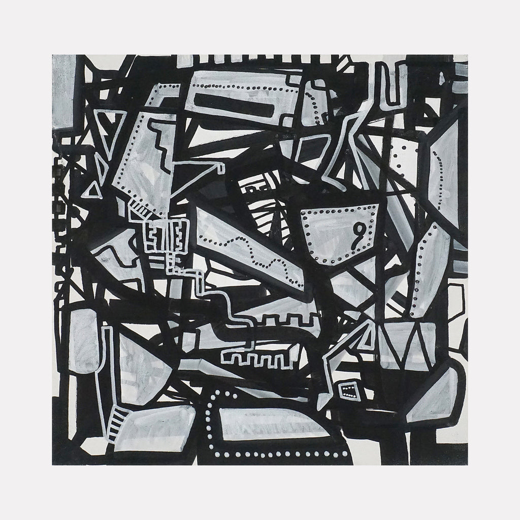 Armored by Mark Brosseau showcases a complex network of intersecting black lines and shapes filled with varying shades of gray and white. The abstract composition layers angular forms and dotted patterns, evoking a structured yet enigmatic presence with a bold, monochromatic modern aesthetic.