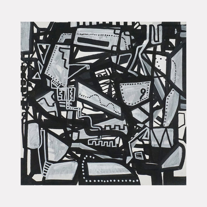 Armored by Mark Brosseau showcases a complex network of intersecting black lines and shapes filled with varying shades of gray and white. The abstract composition layers angular forms and dotted patterns, evoking a structured yet enigmatic presence with a bold, monochromatic modern aesthetic.