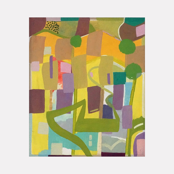Bucolic by Mark Brosseau features a vibrant abstract arrangement of interlocking shapes in earthy browns, lush greens, soft purples, and warm yellows. The layered geometric forms and flowing lines evoke a serene, pastoral landscape with a harmonious balance of natural tones and structured composition.