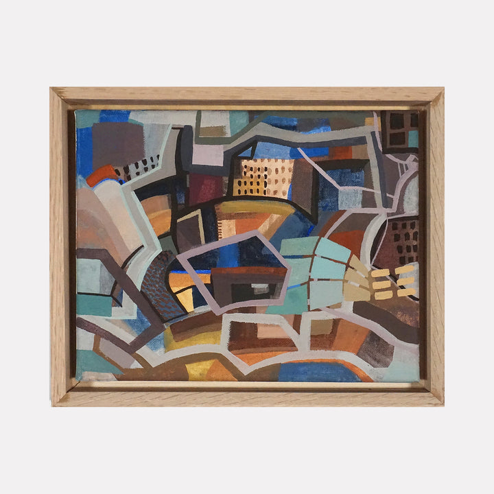 Cavernous by Mark Brosseau presents an abstract mosaic of interwoven shapes and muted earth tones, complemented by soft blues and ochres. The layered composition suggests an architectural labyrinth with dynamic lines that evoke depth and structural complexity, inviting viewers into a contemplative visual journey.