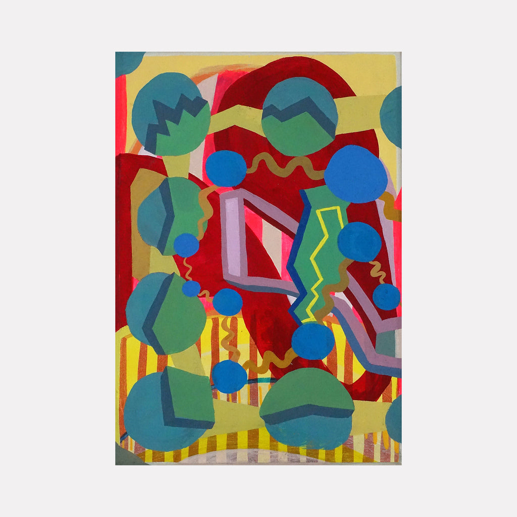 Charged by Mark Brosseau depicts a vibrant arrangement of geometric shapes and bold color contrasts in reds, blues, and yellows. The composition layers circular and angular forms with zigzag and wave patterns, creating an energetic and playful abstract scene that pulses with dynamic rhythm and modern expression.