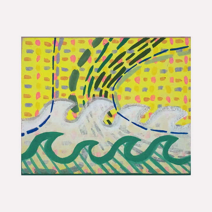 Concurrent by Mark Brosseau showcases playful, stylized waves in contrasting greens and whites against a lively yellow background patterned with pink and gray marks. Dynamic curved lines and layered textures create an energetic, rhythmic composition that evokes movement and fresh, contemporary vibrancy.