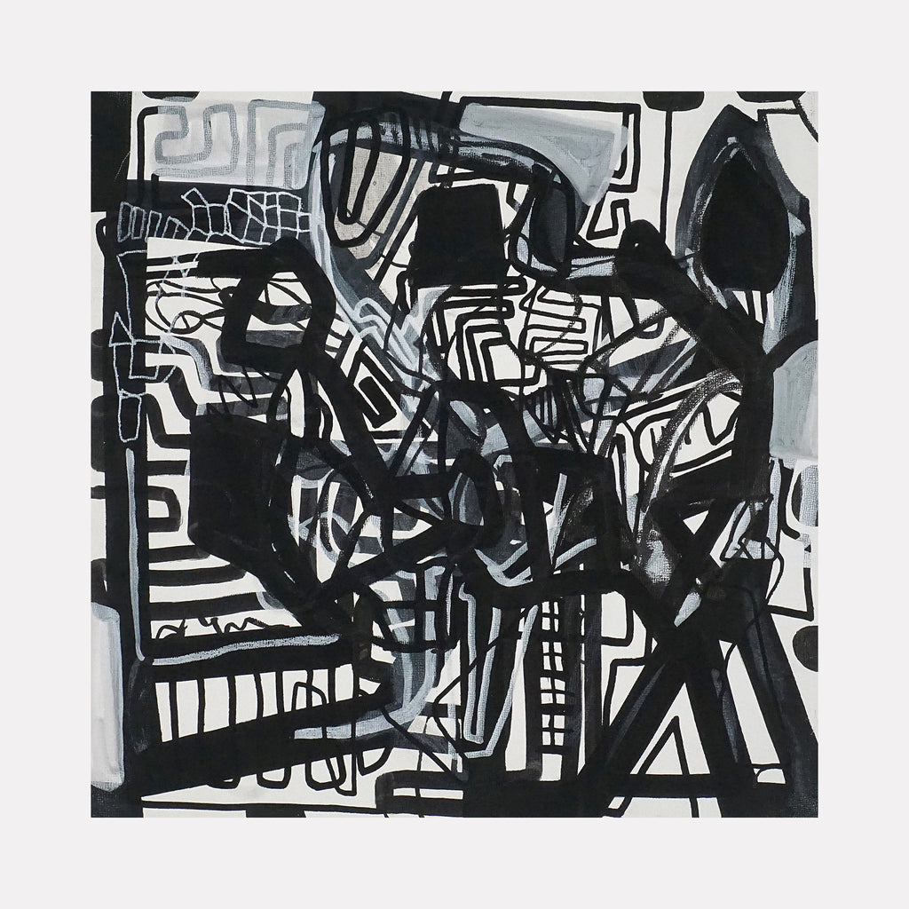 Infected by Mark Brosseau features a dense network of bold black lines and geometric shapes intertwined with softer gray tones. The abstract design weaves chaotic patterns and layered forms, evoking a sense of tension and complexity within a monochromatic, dynamic composition.