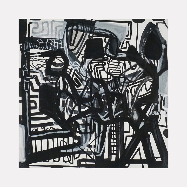 Infected by Mark Brosseau features a dense network of bold black lines and geometric shapes intertwined with softer gray tones. The abstract design weaves chaotic patterns and layered forms, evoking a sense of tension and complexity within a monochromatic, dynamic composition.