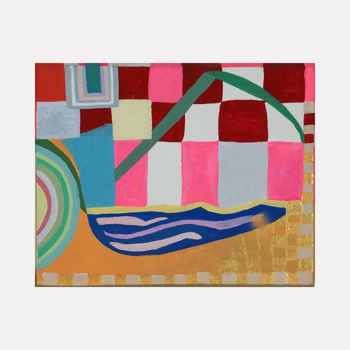 Leisure by Mark Brosseau features a vibrant abstract composition combining bold red, pink, blue, and green geometric shapes with layered patterns. The artwork presents a harmonious blend of curved and angular forms with textured color blocks, creating a lively and engaging modern visual experience.