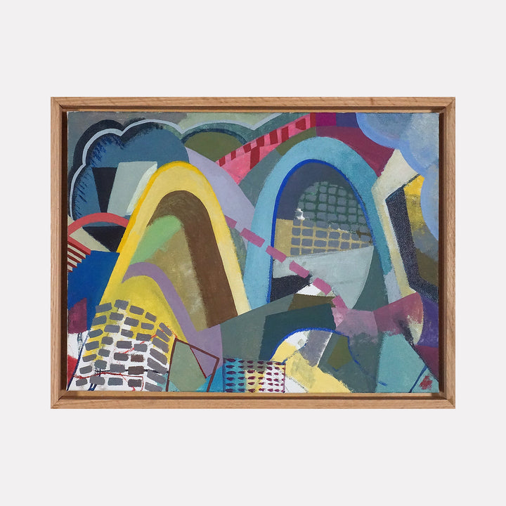 Mythical by Mark Brosseau features an abstract composition with sweeping arches and geometric patterns in muted blues, purples, yellows, and earthy tones. The layered shapes and varied textures create a dynamic, intriguing interplay that evokes a modern, contemplative mood with a nuanced visual rhythm.