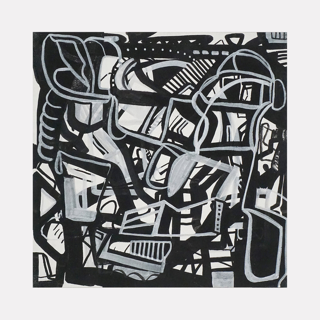 Overgrown by Mark Brosseau depicts an intricate tangle of bold black and white lines and shapes, layered with sharp geometric patterns and fluid curves. The dense composition evokes a sense of urban complexity and organic chaos, merging structured forms with free-flowing elements in a monochrome palette that invites close exploration.
