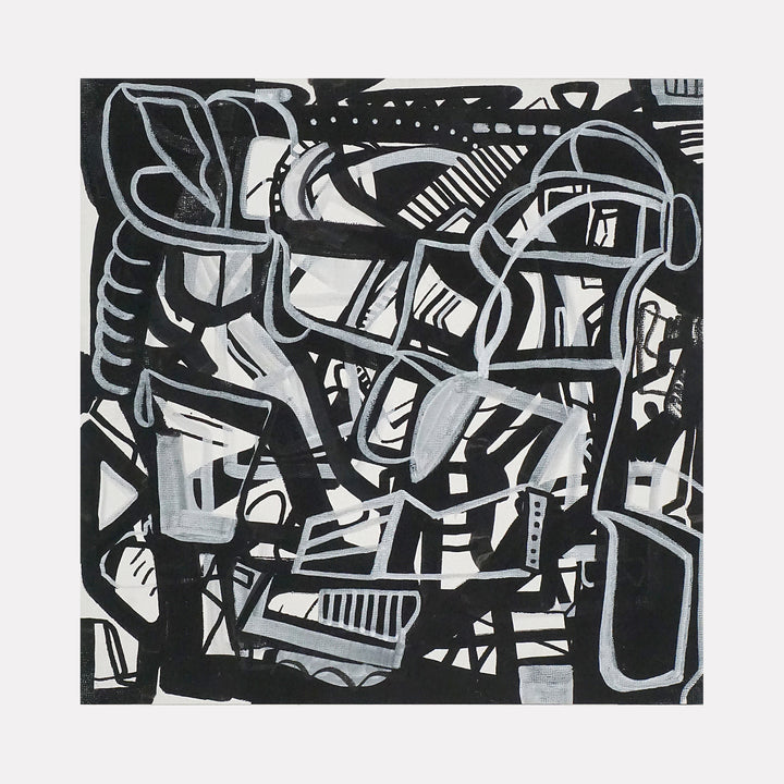 Overgrown by Mark Brosseau depicts an intricate tangle of bold black and white lines and shapes, layered with sharp geometric patterns and fluid curves. The dense composition evokes a sense of urban complexity and organic chaos, merging structured forms with free-flowing elements in a monochrome palette that invites close exploration.