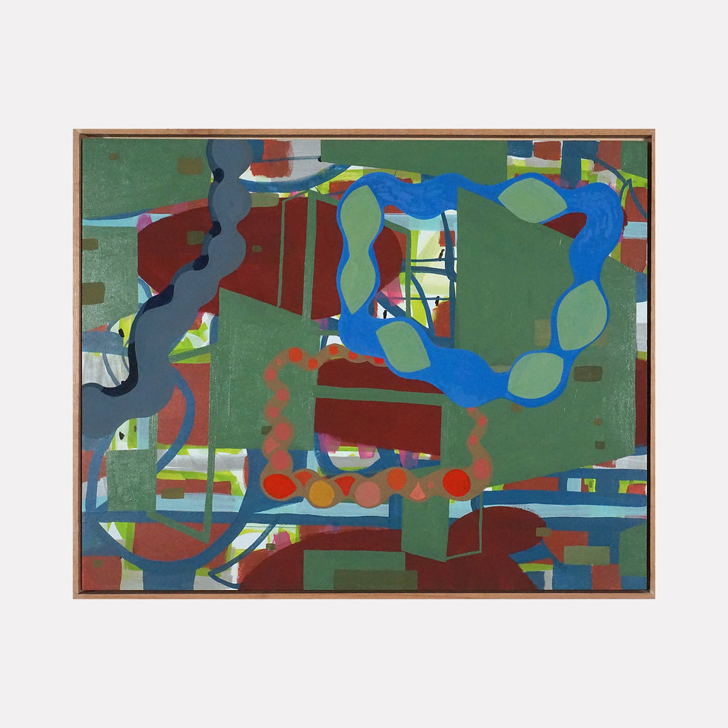 Parasitic by Mark Brosseau features an abstract composition with interlocking organic shapes and geometric forms in muted greens, deep reds, blues, and grays. The layered arrangement creates a complex interplay of color and shape, evoking a contemplative rhythm and dynamic tension within a contemporary visual narrative.