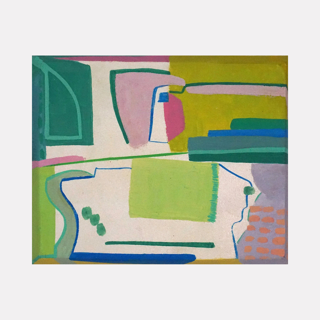Sloped by Mark Brosseau features an abstract arrangement of soft geometric shapes and fluid lines in shades of green, blue, pink, and yellow. The composition balances organic and structured forms, creating a calm yet dynamic visual landscape with subtle color contrasts and layered depth.