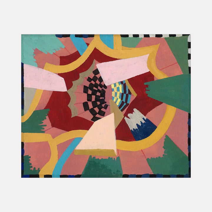 Vacuum by Mark Brosseau presents an abstract interplay of bold shapes and vibrant hues, featuring layered geometric forms in pinks, reds, greens, and blues. The composition weaves together curved and angular elements with contrasting patterns, creating a dynamic sense of depth and movement that invites contemplative exploration.
