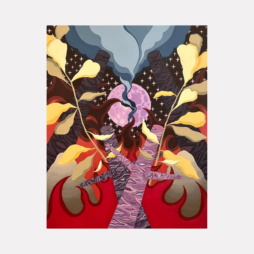 The artwork "Brushfire" features abstract, stylized tree trunks with textured patterns in purples and reds, surrounded by bold red flames and soft yellow leaves. A swirling plume of blue-gray smoke rises centrally against a backdrop of stars and a large pink moon. This vibrant, dynamic piece by Tyler Sorgman.