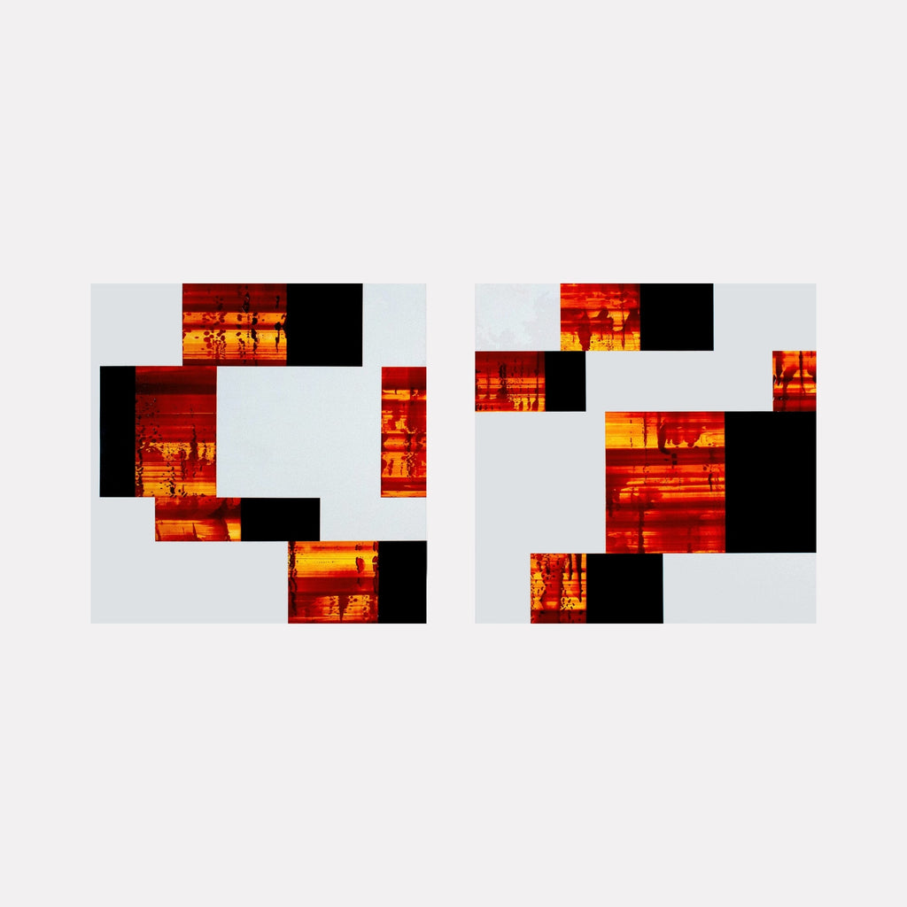 The artwork "Burn & Lap 02" by John Cox features an abstract composition of geometric shapes in fiery red and orange hues interspersed with solid black rectangles on a pale background. The textured interplay of color blocks evokes the dynamic abstraction and bold contrasts reminiscent of Piet Mondrian and Mark Rothko’s color field experiments.