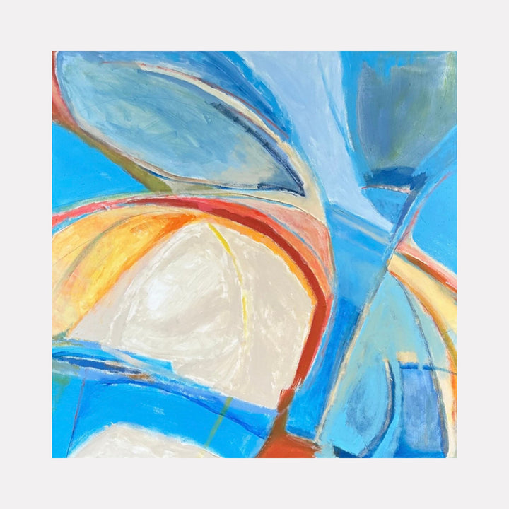 The artwork "By the Way" features an abstract composition with sweeping curves and intersecting shapes in vibrant blues, soft whites, muted oranges, and subtle earth tones. The textured brushstrokes create a dynamic sense of movement and depth in a modern style by Beth Barry.