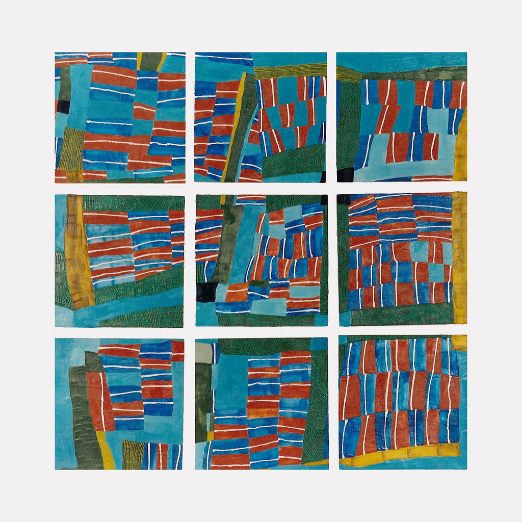 The artwork "CABAÑA" by Barbara Ellmann features a grid of nine abstract panels with interlocking shapes in vibrant blues, reds, greens, and yellows. The textured, geometric patterns evoke a dynamic rhythm and spatial layering, reminiscent of the abstract compositions of Paul Klee and the color blocking of Henri Matisse, blending bold form with organic balance.
