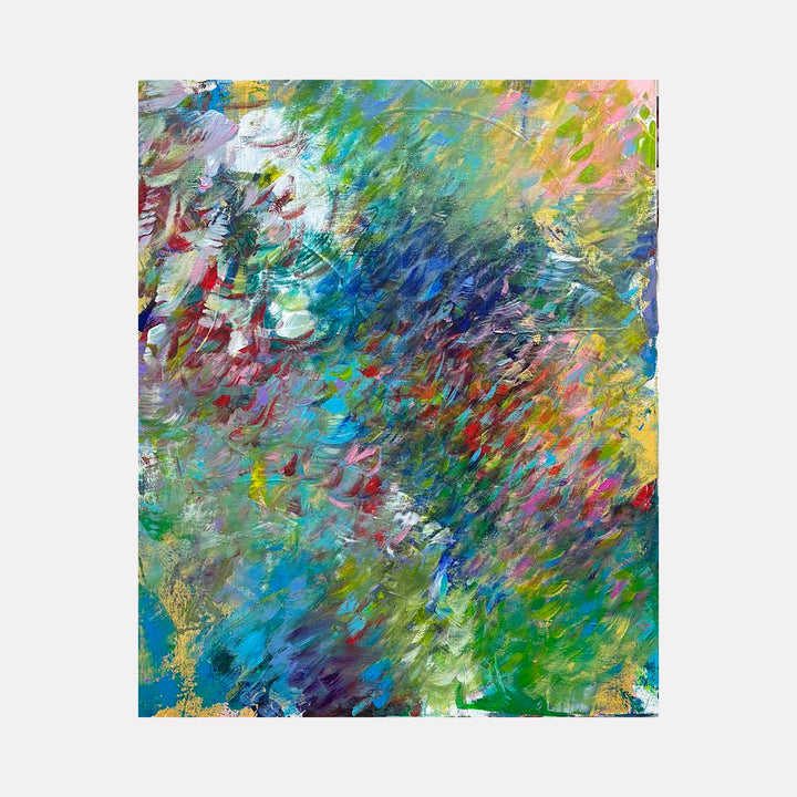 The artwork "CAN'T YOU SEE" by Gail Sarasohn features a vibrant array of layered brushstrokes in blues, greens, pinks, and yellows, creating a dynamic abstract composition reminiscent of Impressionist and Fauvist styles. The textured surface and rich color blending evoke the energy found in works by Claude Monet and Henri Matisse.