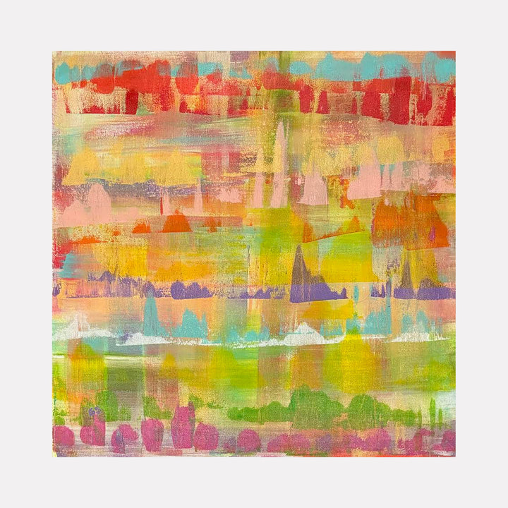 The artwork "CATALINA" by Gail Sarasohn features a vibrant abstract composition with layered horizontal and vertical brushstrokes in warm reds, oranges, and pinks contrasted with cool greens, blues, and purples. The textured paint application and overlapping shapes evoke the style of artists like Paul Klee and Helen Frankenthaler, creating a harmonious, dynamic visual rhythm.