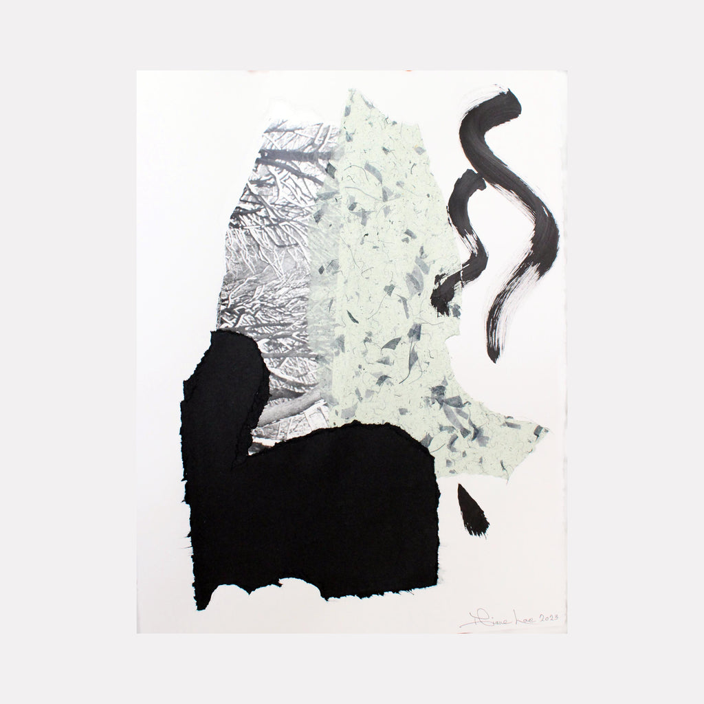 CENTRAL PARK by Diane Love presents an abstract arrangement featuring layered textures with torn black shapes, mottled pale green paper, and metallic silver elements, accented by two bold, flowing black brushstrokes. The composition exudes a modern, contemplative balance of contrast and organic movement.