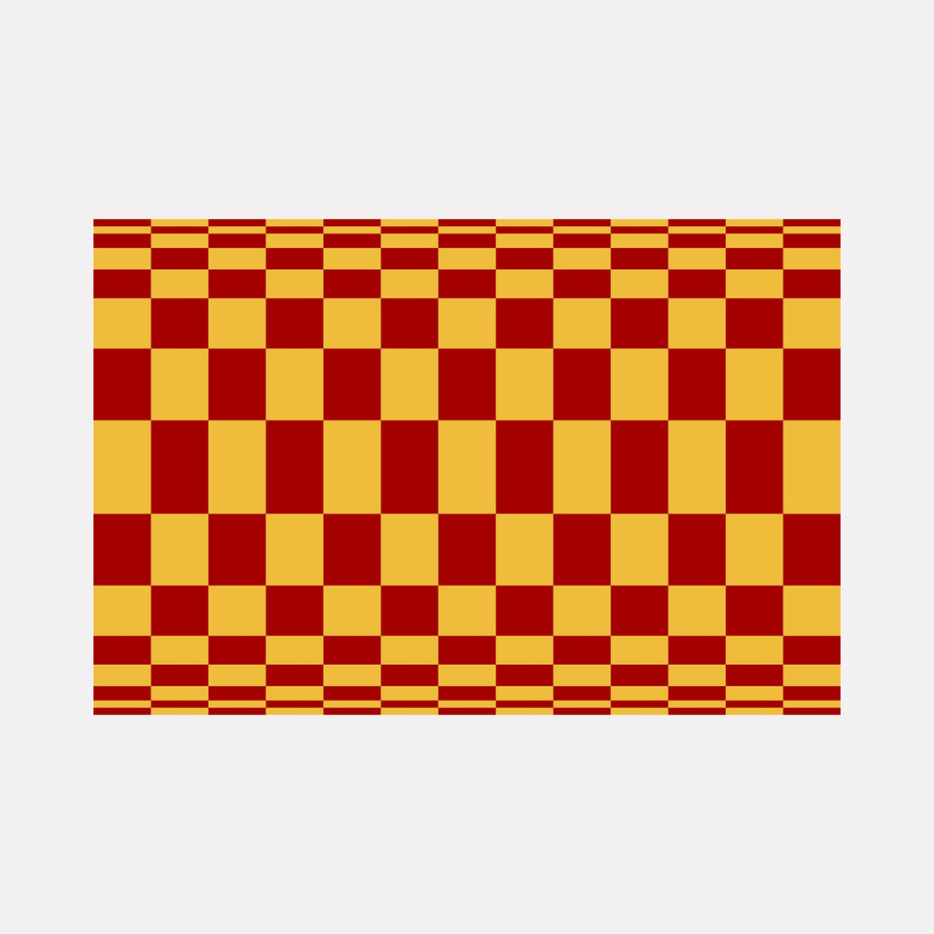 The artwork "CHECK" by Harold Herb presents a bold checkerboard pattern in rich red and golden yellow hues. The design features alternating squares creating a rhythmic grid with subtle variations in size toward the edges. The piece channels the geometric abstraction and color-blocking techniques seen in the works of Josef Albers and Bridget Riley.