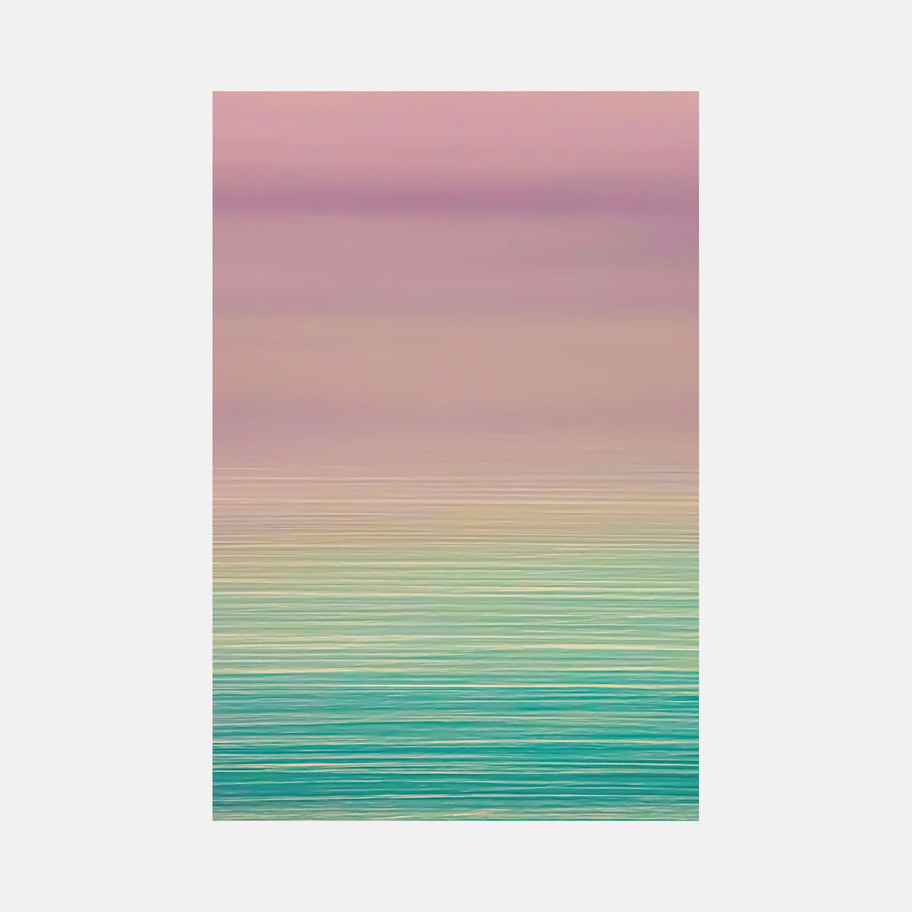 The artwork Chromatic Ocean by Neil Shapiro features horizontal bands of soft, blended colors transitioning from muted pinks and purples at the top to gentle greens and blues near the bottom. The smooth gradient and subtle texture evoke a serene, abstract seascape reminiscent of Mark Rothko’s color field paintings and Helen Frankenthaler’s fluid abstraction.