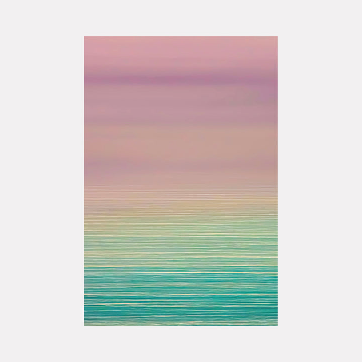 The artwork Chromatic Ocean by Neil Shapiro features horizontal bands of soft, blended colors transitioning from muted pinks and purples at the top to gentle greens and blues near the bottom. The smooth gradient and subtle texture evoke a serene, abstract seascape reminiscent of Mark Rothko’s color field paintings and Helen Frankenthaler’s fluid abstraction.