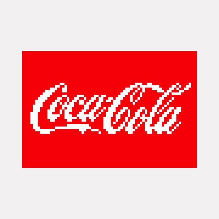 The artwork "COCA-COLA" by Harold Herb features a pixelated rendition of the iconic logo in white against a vibrant red background. This mixed media piece embraces digital glitch aesthetics and bold color contrasts, reminiscent of early video game graphics and Pop Art influences inspired by Andy Warhol's commercial imagery.