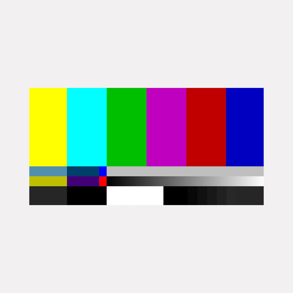 The artwork "COLOR TV" by Harold Herb features a geometric arrangement of vibrant vertical color bars in yellow, cyan, green, magenta, red, and blue set against a pale gray background. The composition includes contrasting grayscale rectangles below, evoking the abstract minimalism of Josef Albers and the digital clarity found in early computer graphics.