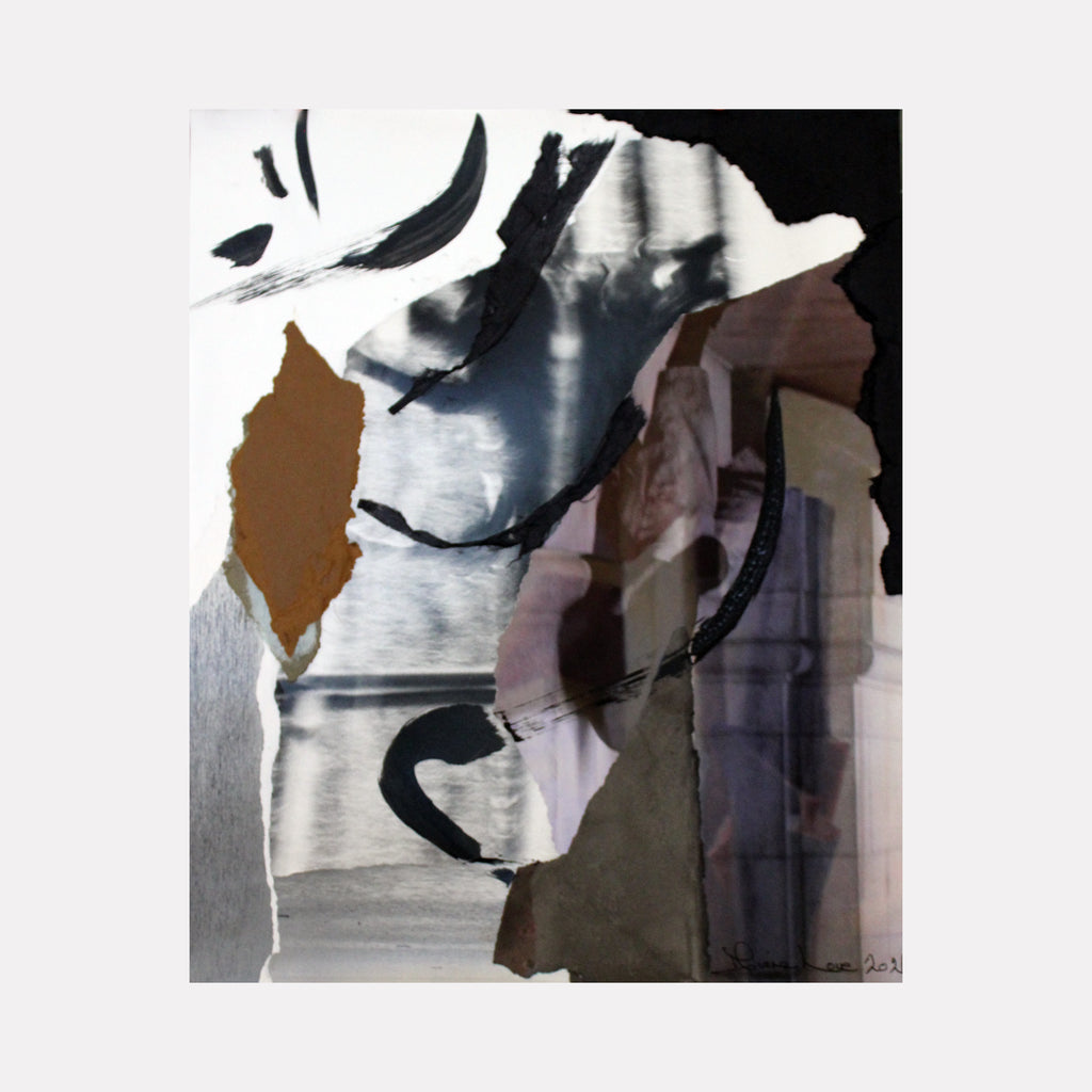 CORRAL by Diane Love is a sophisticated mixed media collage featuring layered torn paper and brushstrokes in monochrome tones with hints of warm brown. The abstract composition blends sharp edges and fluid forms, creating a textured interplay of light and shadow that evokes depth and restrained movement.