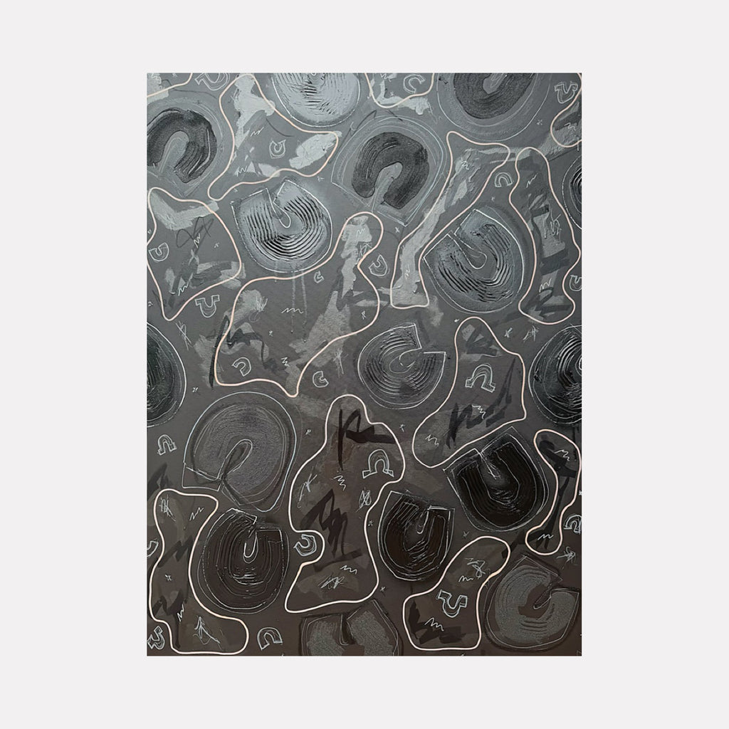 The artwork "Cosmo" by Adele Marchant features a monochromatic abstract design with organic, amoeba-like shapes outlined in soft white against varied shades of gray. The textured patterns inside each shape resemble topographic lines, evoking a subtle sense of depth reminiscent of works by Jean Dubuffet or the abstract forms of Lee Krasner, blending modern minimalism with expressive detail.