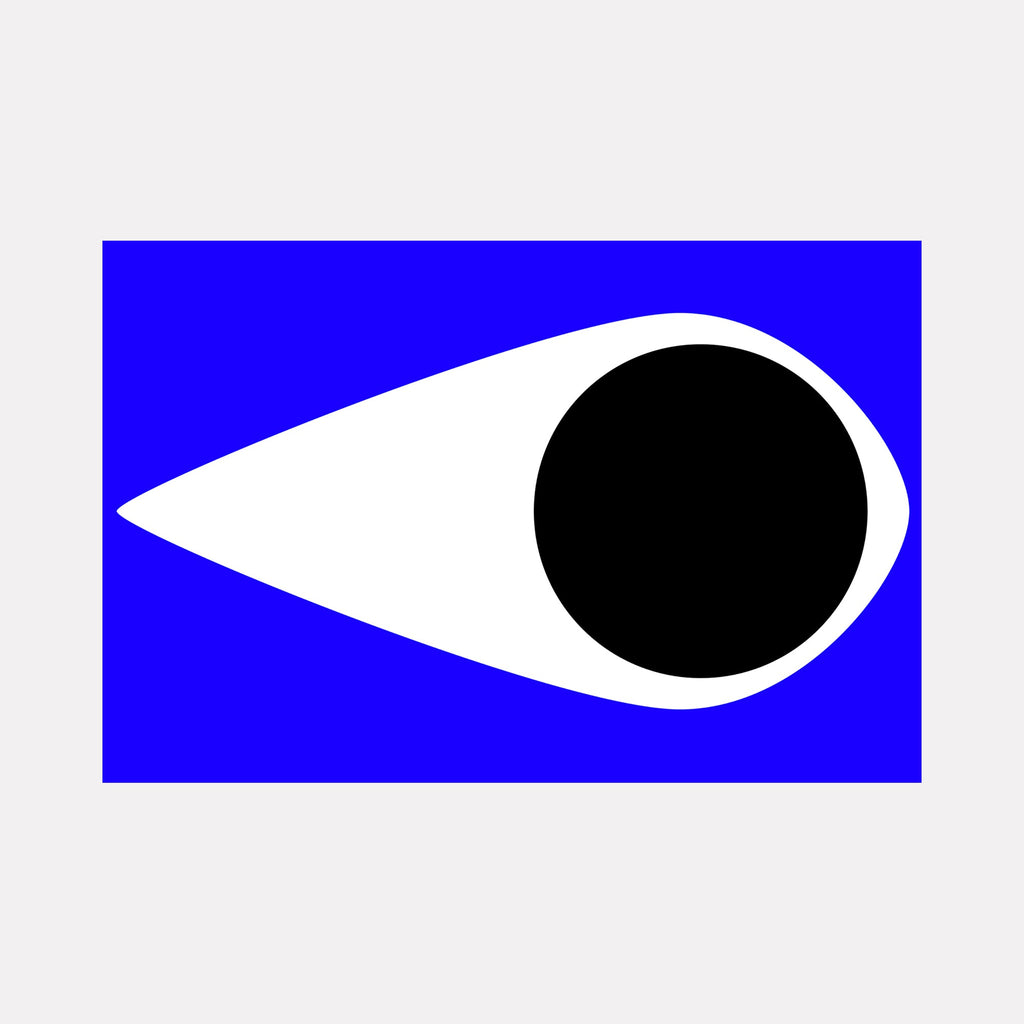 The artwork "CRIME" by Harold Herb presents a minimalist composition featuring a bold, elongated white shape resembling an eye with a large black circular pupil set against a vivid cobalt blue background. The stark use of color and geometry evokes the graphic clarity of Kazimir Malevich and the bold abstraction of Ellsworth Kelly.