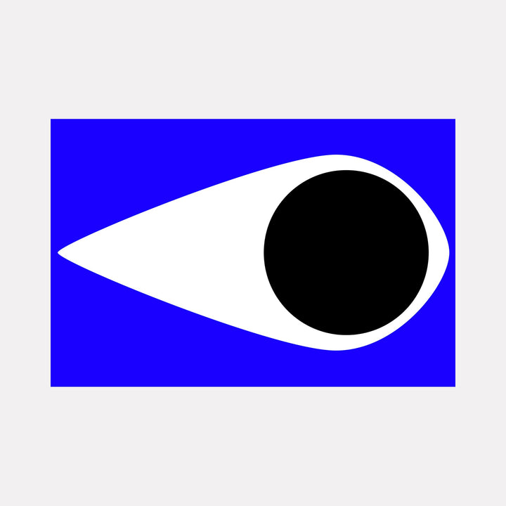 The artwork "CRIME" by Harold Herb presents a minimalist composition featuring a bold, elongated white shape resembling an eye with a large black circular pupil set against a vivid cobalt blue background. The stark use of color and geometry evokes the graphic clarity of Kazimir Malevich and the bold abstraction of Ellsworth Kelly.