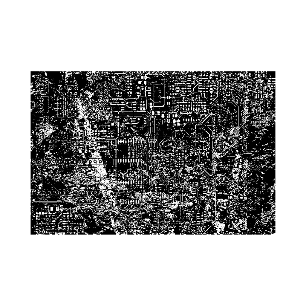 The artwork "CYBERDYNE" by Harold Herb presents an intricate black and white composition resembling a densely packed circuit board or urban grid. The mixed media piece combines textured layering with precise linear details, evoking the mechanical complexity found in works by H.R. Giger and the detailed abstraction of Richard Diebenkorn’s cityscapes.