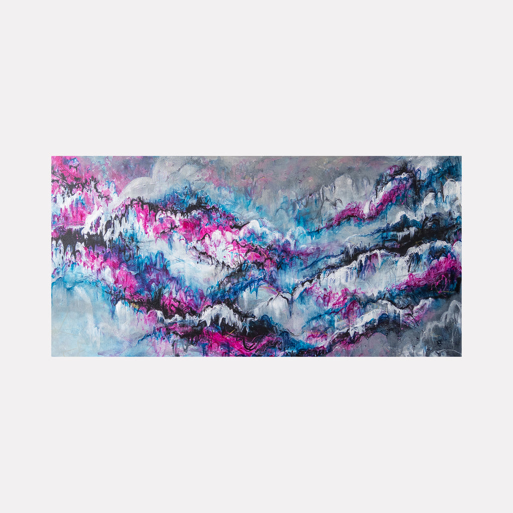 Candy Clouds by Betsy Becher presents a vibrant abstract landscape of swirling pink, blue, black, and white hues, where dynamic waves and textured forms merge to evoke a sense of ethereal movement and atmospheric depth in a contemporary, expressive composition.