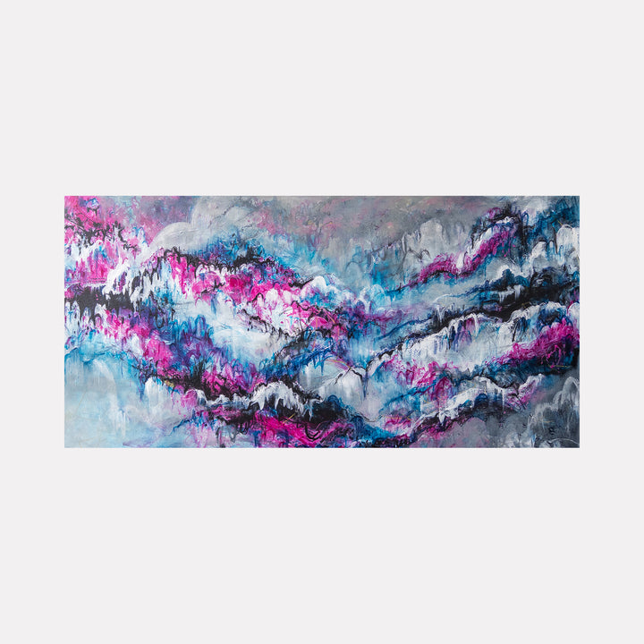 Candy Clouds by Betsy Becher presents a vibrant abstract landscape of swirling pink, blue, black, and white hues, where dynamic waves and textured forms merge to evoke a sense of ethereal movement and atmospheric depth in a contemporary, expressive composition.