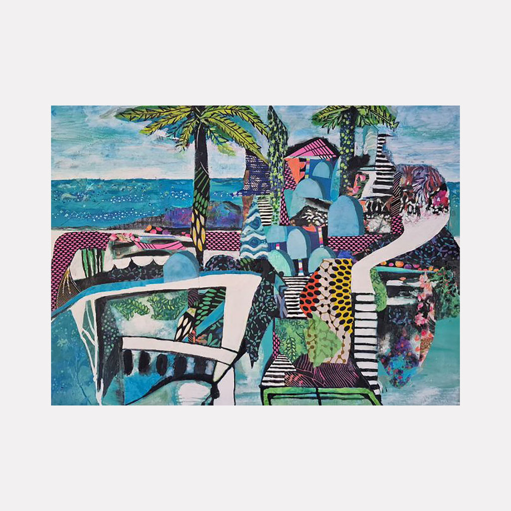 The artwork "Caneel Bay" by James Ehling showcases an abstract coastal landscape featuring stylized palm trees and geometric shapes in vibrant blues, greens, and pinks. The textured layers and patterned forms evoke modernist collage techniques reminiscent of Henri Matisse’s cut-outs and the dynamic compositions of Paul Klee.