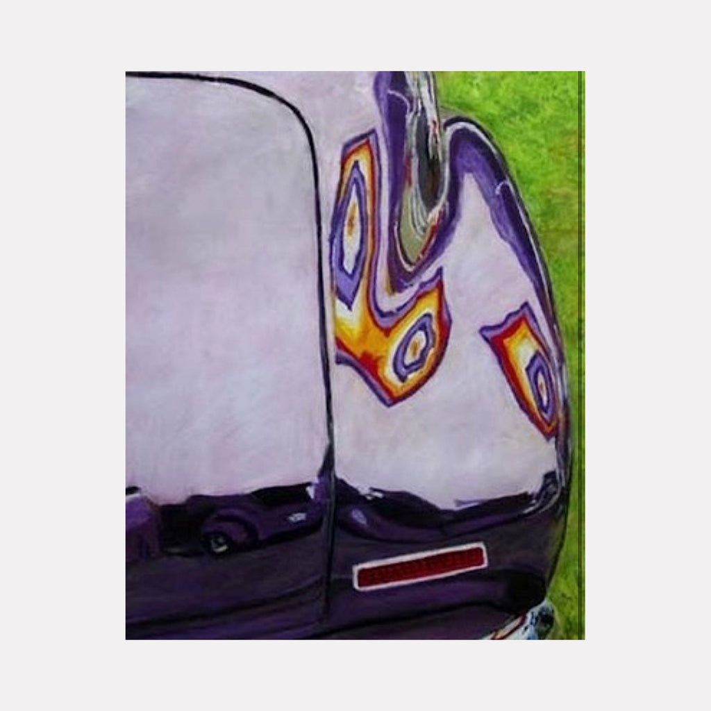 The artwork "Carbrella" by Robert Dec features a close-up view of a shiny chrome car surface reflecting vibrant abstract shapes in purple, yellow, and orange against a lush green background. The style recalls the smooth, reflective qualities found in photorealism and the abstract color vibrancy of artists like David Hockney. Robert Dec