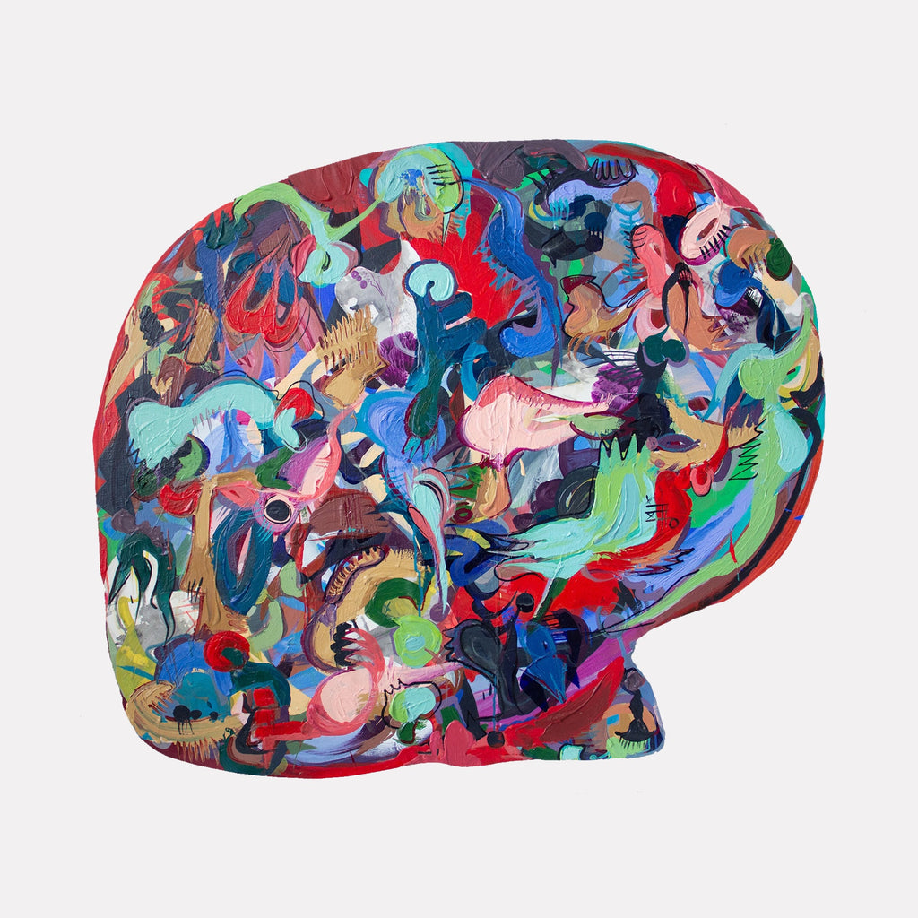 The artwork "Balo" by Carin Kulb Dangot features an abstract composition of swirling, interlocking shapes in vibrant hues of red, blue, green, and pink. The dynamic brushstrokes and layered textures create a sense of movement, evoking the playful abstraction of Joan Miró and the energetic forms of Wassily Kandinsky.