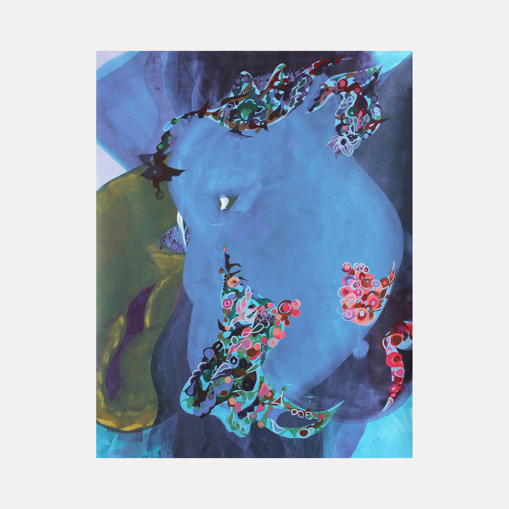 The artwork "Barba" by Carin Kulb Dangot features an abstract composition dominated by deep blue and teal hues with organic, flowing shapes. Intricate clusters of vibrant reds, pinks, and greens contrast against the smooth, layered textures, evoking the dynamic abstraction of Wassily Kandinsky and the fluidity of Joan Miró’s surrealist forms.